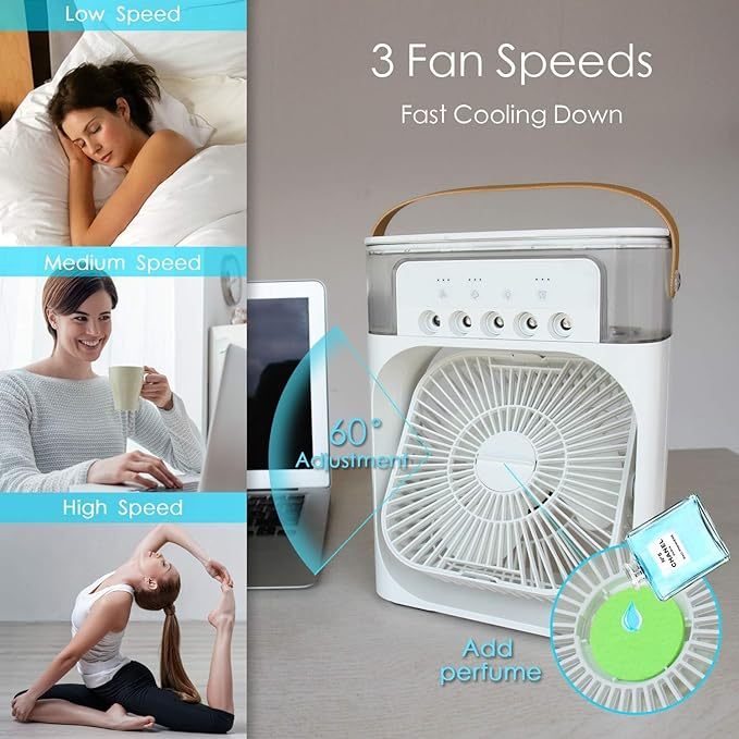 Portable Air Conditioner Fan, 3 Wind Speeds & 3 Spray Modes Mini Evaporative Air Cooler With 7 Colors LED Night Light, USB Rechargeable Fan For Home, Office