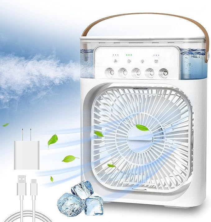 Portable Air Conditioner Fan, 3 Wind Speeds & 3 Spray Modes Mini Evaporative Air Cooler With 7 Colors LED Night Light, USB Rechargeable Fan For Home, Office